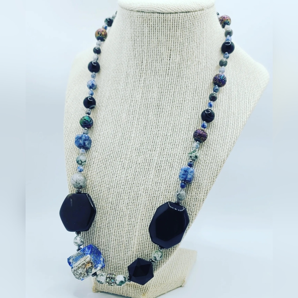 Sodalite, Black Agate, Zirconia handmade necklace